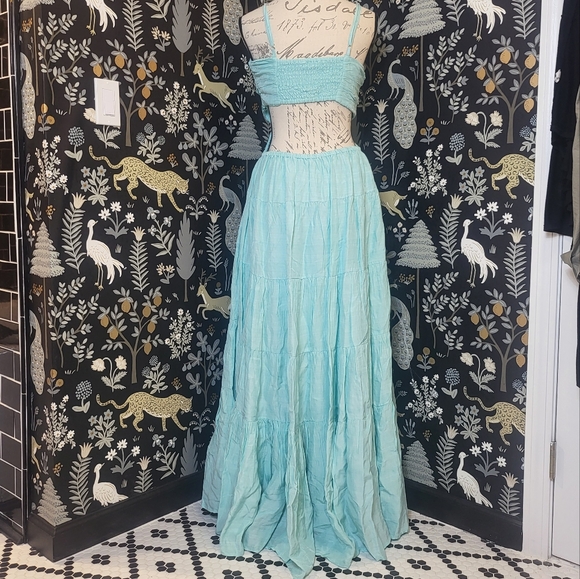 Anthropologie Let Me Be Cutout Tiered Dress Light Teal Large - Picture 3 of 7